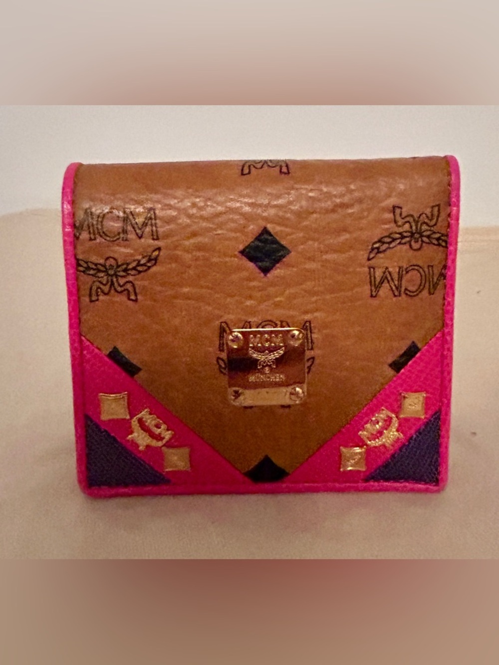MCM NEW! Brown Visetos Leather mini wallet, with Pink Trim and Gold Plate